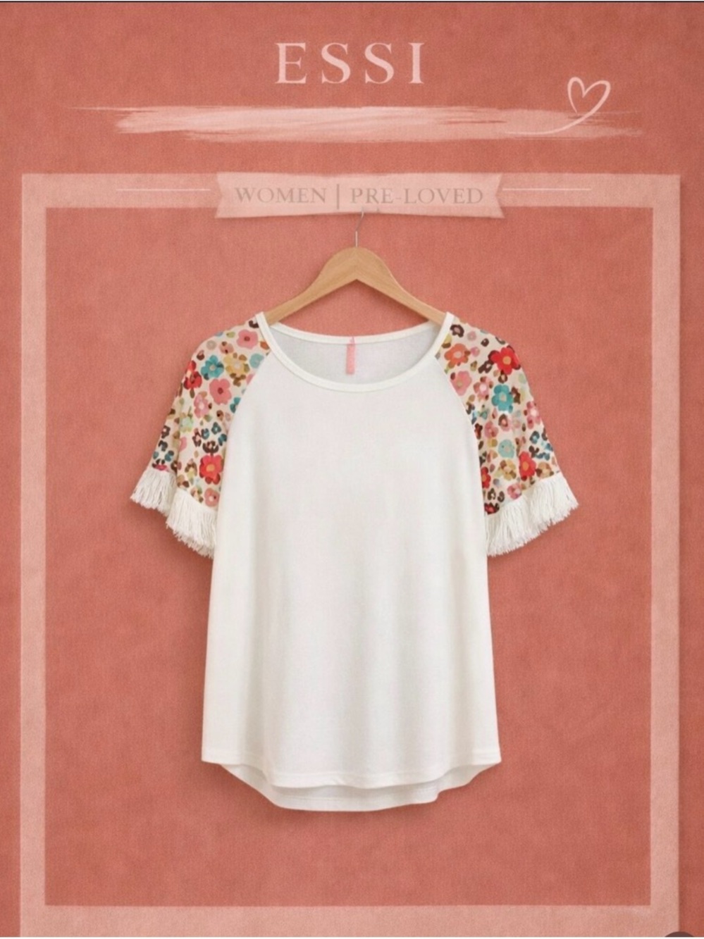 SHEIN White Tee with Floral Raglan Fringe Sleeves